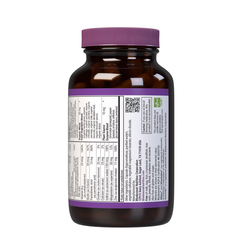 Bluebonnet Nutrition Maxi One (Iron-Free), Whole Food Multiple, Enzymes, Energy, Vitality, Gluten-Free, Kosher, Dairy-Free, Vegetarian Friendly, Soy-Free, Non-GMO, 60 Vegetable Capsule, 2 Month Supply | Energy; Non-GMO, Vegetarian, Kosher