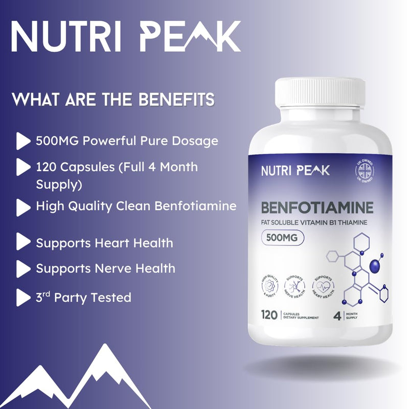 Max Strength Benfotiamine | 500MG | 120 Capsules | 4 Month Supply | Thiamine Supplement| Heart & Kidney Support | Antioxidant | Vitamin B1 | Non GMO & Gluten Free | Vegan