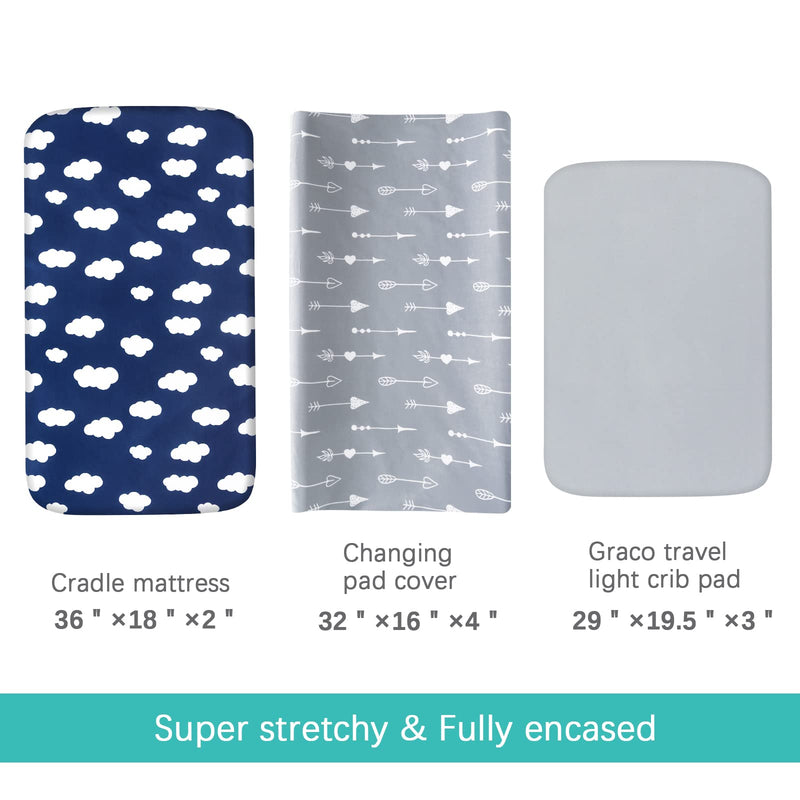 [Australia] - Changing Pad Cover, Diaper Changing Pad Covers 4 Pack, Fitted Baby Changing Table Sheets for 32''×16'' Change Table Pad, Cradle & Bassinet Sheets for Boys & Girls, Soft & Breathable Navy/Grey/Cloud/Arrow 