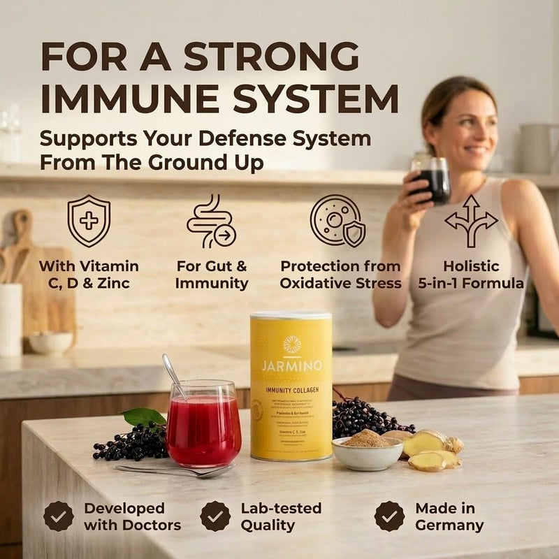 Collagen Powder with L-Glutamine - Strengthen Immune System | Vitamin C, D, Selenium, Zinc, Ginger, Elderberry, Vital Mushrooms | 450g Strengthen Immune System Glutamine Powder | JARMINO