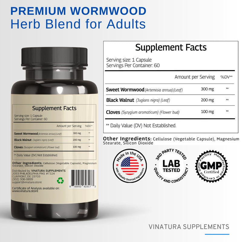 [Australia] - Wormwood Black Walnut Clove Capsules - Cleanse, Detox, Intestinal Guard Formula Supplement for Humans, with Wormwood herb, Black Walnut Extract Combination, 60 Capsules 