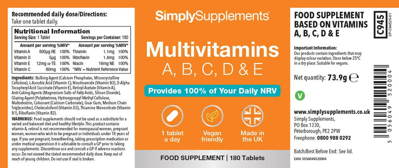 Multivitamin Complex | Supports Immune Health, Energy & Skin Health | Suitable for Vegans & Vegetarians | 360 Tablets = 12 Months’ Supply | Manufactured in The UK in Accordance with GMP Standards 180 count (Pack of 2)