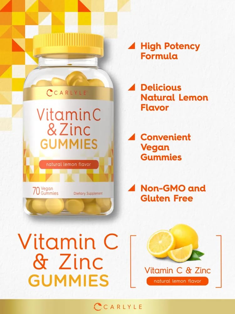 Carlyle Vitamin C and Zinc Gummies | 70 Count | Lemon Flavor | Vegan, Non-GMO, and Gluten Free Supplement 70 Count (Pack of 1)
