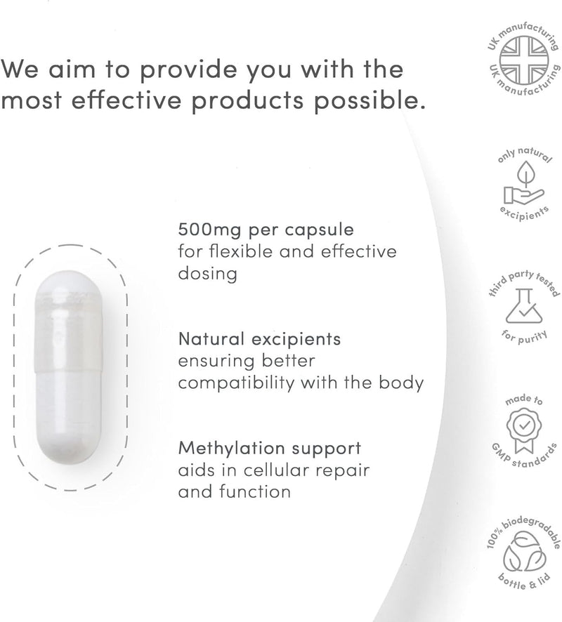 vP Vitality Pro TMG 500mg x 120 Capsules - Third Party Tested Over 99% Purity - Vitality Pro Trimethylglycine Supplement - High Strength TMG Supplement | Third Party Tested, Over 99% Purity, High Strength, Natural, No Excipients