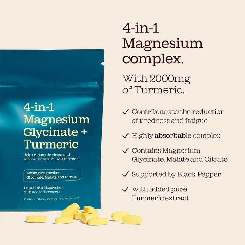 Magnesium Glycinate 4-in-1 Complex | 1283mg Bisglycinate, Citrate, Malate & 2000mg Turmeric & Black Pepper | 385mg Elemental High Absorption Magnesium Supplements | 90 Tablets | UK Made | Free Soul 90 count (Pack of 1)