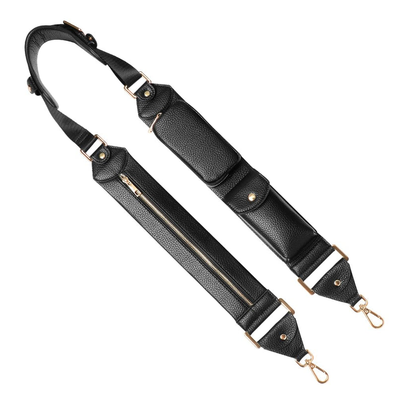 LUCKYCOIN Full Grain Leather Crossbody Strap, Adjustable 46"-55", Black | Pebble Genuine Leather Replacement Strap, 3 Pockets, 360° Swivel Hooks, Soft Shoulder Pad, for Crossbody Bags & Phone Cases