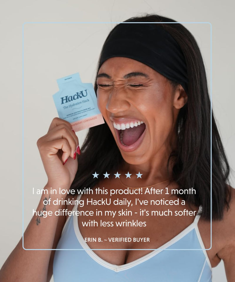 HackU Sugar-Free Electrolyte Packets, Daily Skin Hydration, Variety | HackU Hydration Hack, Electrolyte & Skin Hydration Packets, Sugar-Free, Bloat-Free, Vegan, Variety - 10 Pack Strawberry Lemonade 10pk