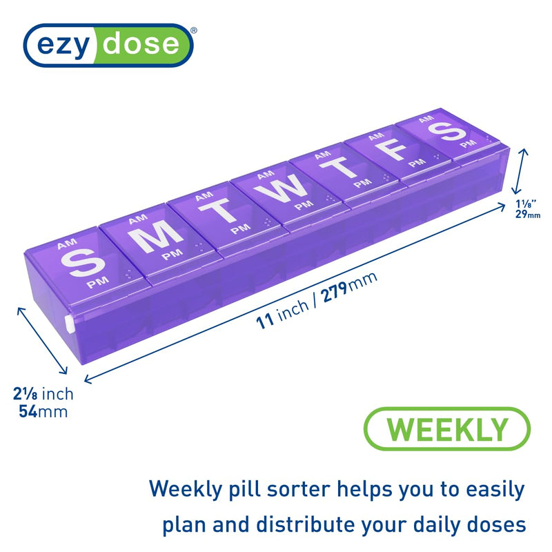 EZY DOSE Weekly (7-Day) AM/PM Pill Planner, Medicine Case, Vitamin Organizer Box, 3X-Large Locking Compartments to Secure Prescription Medication, Prevent Accidental Spilling, Color May Vary, BPA Free