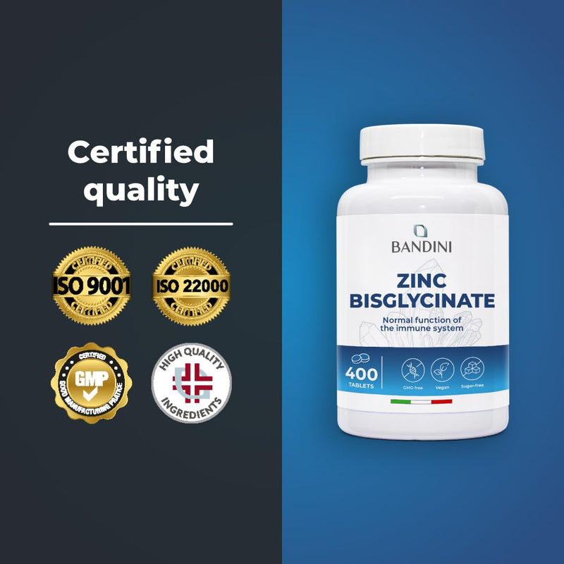 Bandini® Zinc Bisglycinate 400 Tablets (13-Month Supply), High Strength & High Absorption Pure Zink Supplement for Skin, Hair, Nails, Eyesight and Immune System, GMO-Free, Alternative to Capsules