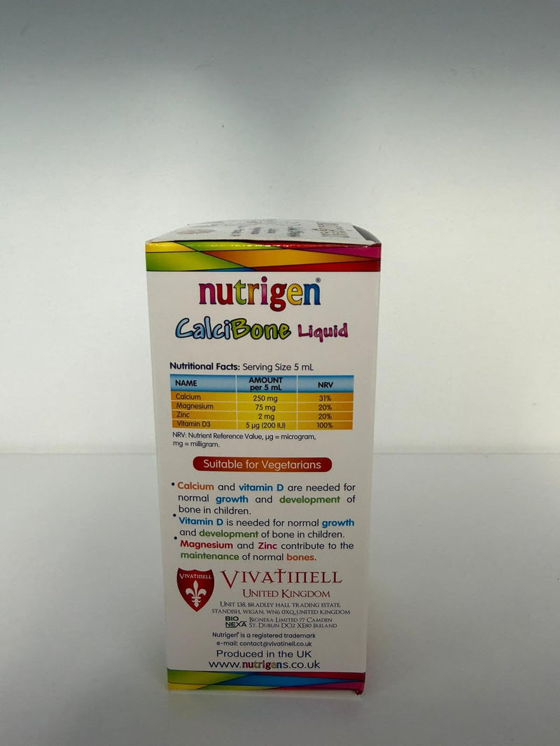 Nutrigen Calcibone Liquid for Children – Healthier and Stronger Bones – Contains Calcium, Vitamin D, Magnesium and Zinc Essential for The Bone Health. Strawberry Flavoured 150 mL.