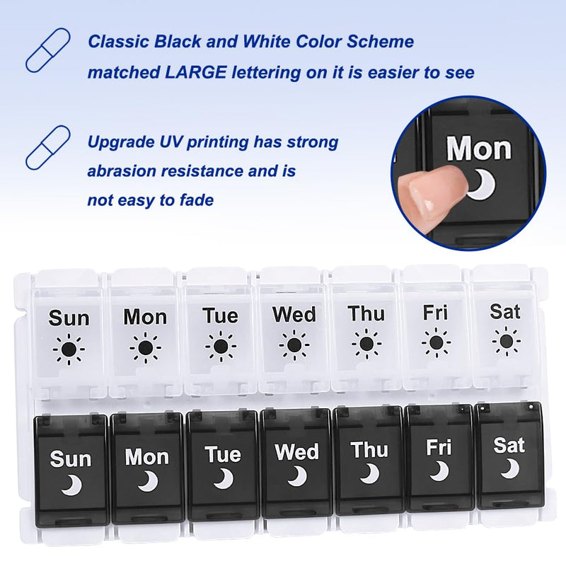 [Australia] - HRX Package Large Pill Organizer 2 Times a Day, Push Button Weekly Medicine Box Vitamin Cases for 7 Day AM PM Black and White 