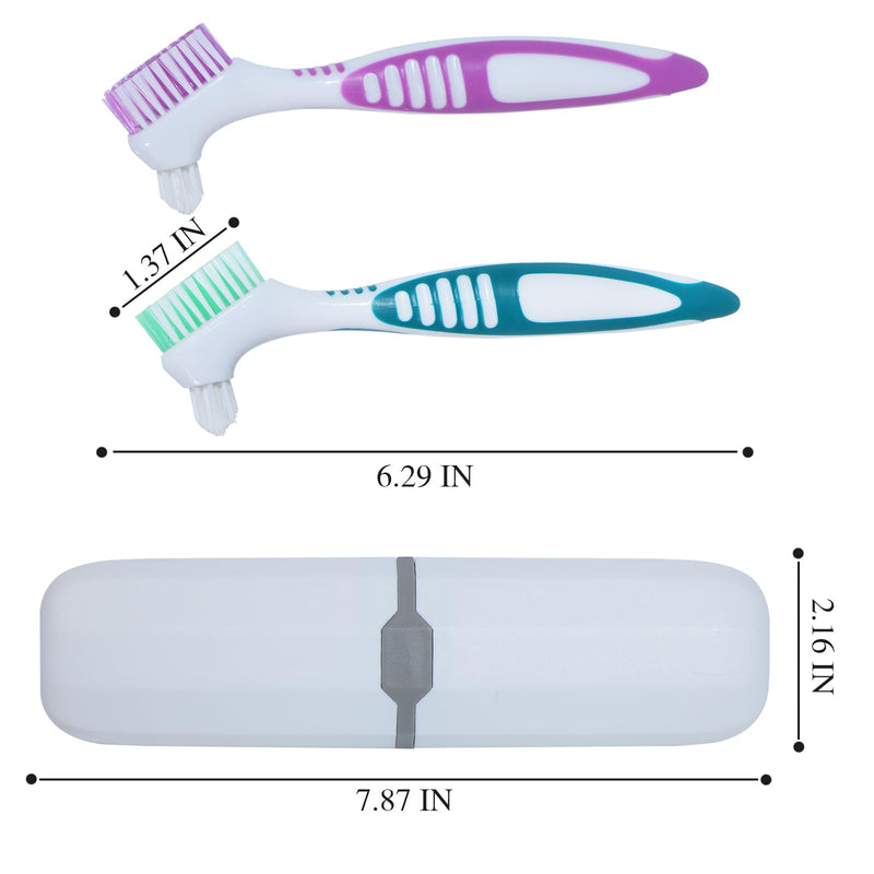 [Australia] - 2Pcs Denture Brush False Teeth Toothbrush with 1 White Carrying Case, Effective Denture Cleaning Brush with Multi-Layered Soft Bristles,Green and Purple Green & Purple 