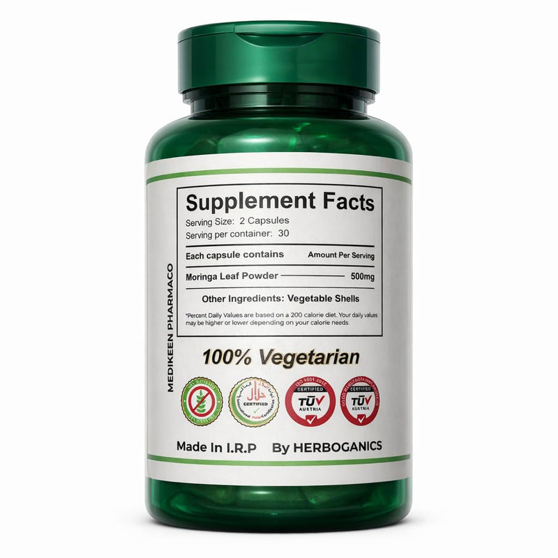 Moringa Capsules 500mg – 60 Vegetarian Capsules – Moringa Leaf Powder Supplement – Natural Antioxidant Superfood – Supports Energy, Metabolism, Skin & Hair Health – Herbal Supplement