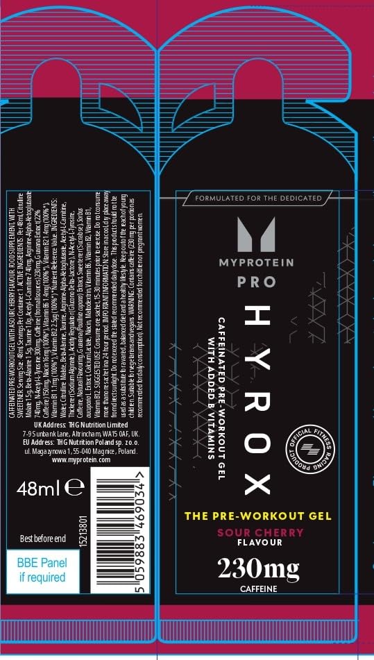 Myprotein PRO x HYROX The Pre-Workout Gel | 230mg Caffeine with Natural Guarana | Beta-Alanine, Citrulline Malate & Taurine | Boost Energy, Focus & Endurance | Vegan | Sour Cherry Flavour 12 x 60ml 12 g (Pack of 1)