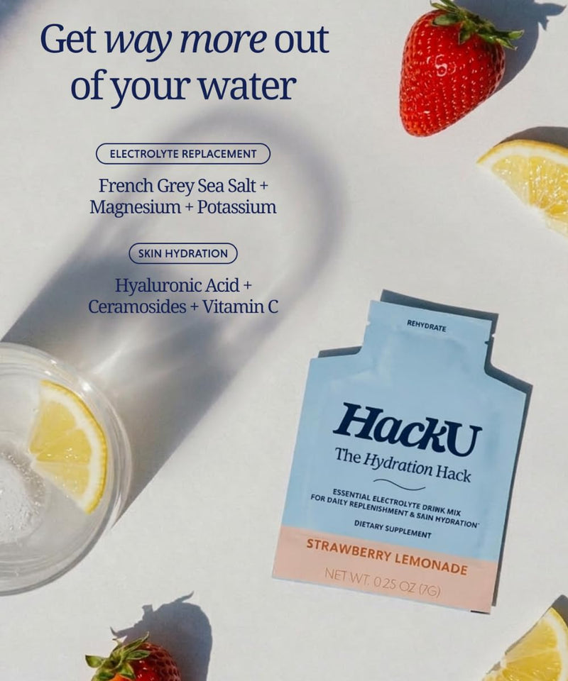 HackU Sugar-Free Electrolyte Packets, Daily Skin Hydration, Variety | HackU Hydration Hack, Electrolyte & Skin Hydration Packets, Sugar-Free, Bloat-Free, Vegan, Variety - 10 Pack Strawberry Lemonade 10pk