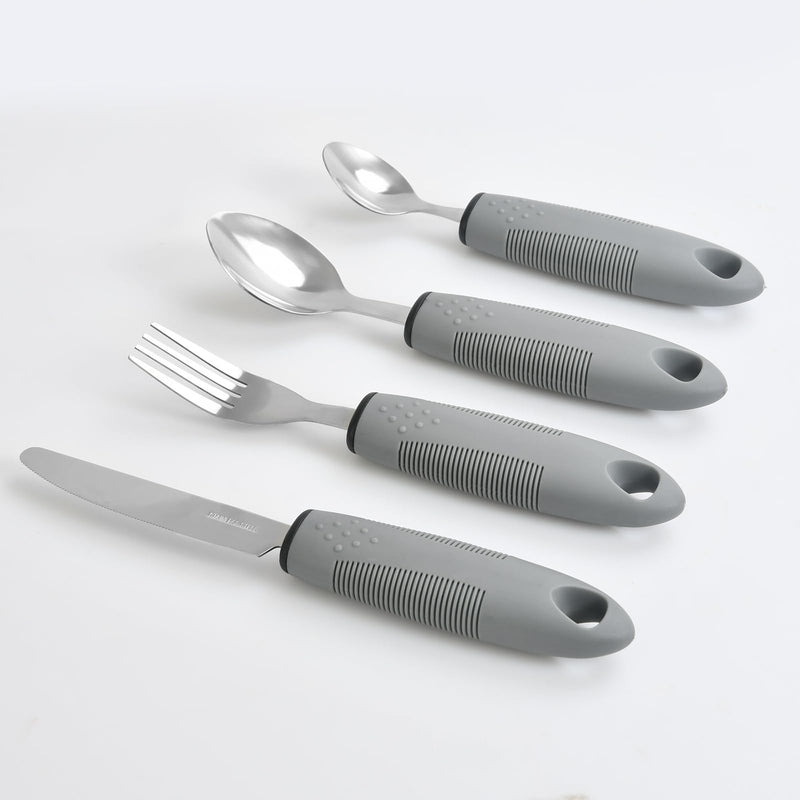 Extra Wide Handles Easy Grip Cutlery Set of 4 Disability Aids,Chunky Handles, Corfort Grips Disability Ideal Dining aid for Elderly Disabled Arthritis Parkinson's Disease Tremors Sufferers Grey