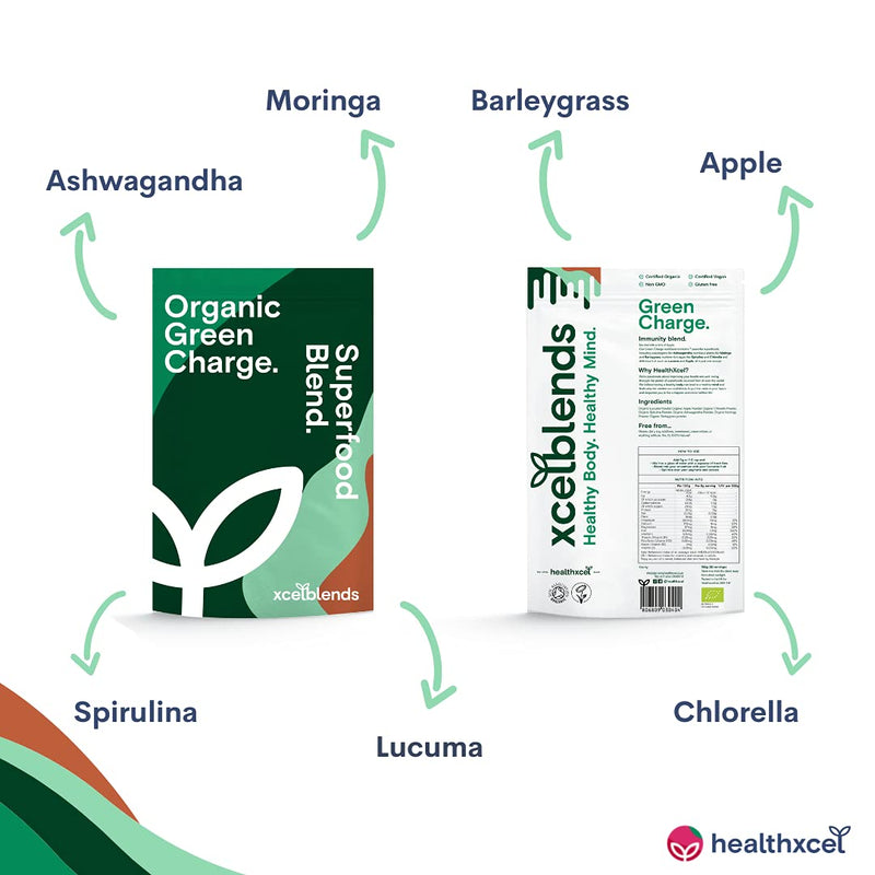 Green Charge Organic Greens Powder 150g - Pharmacist-Formulated for Digestion, Boost Immunity & Lower Stress | Ashwagandha, Moringa, Barleygrass, Spirulina, Chlorella, Apple,Lucuma