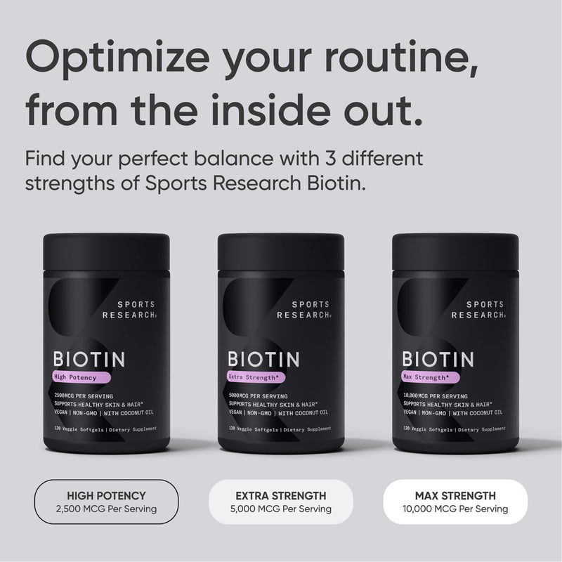 [Australia] - Sports Research Vegan Biotin 5000mcg with Organic Coconut Oil - Extra Strength Biotin Vitamin B7 for Healthier Hair & Skin + Keratin Support - Non-GMO & Gluten Free, 120 Softgels (4 Month Supply) 120 Count (Pack of 1) 