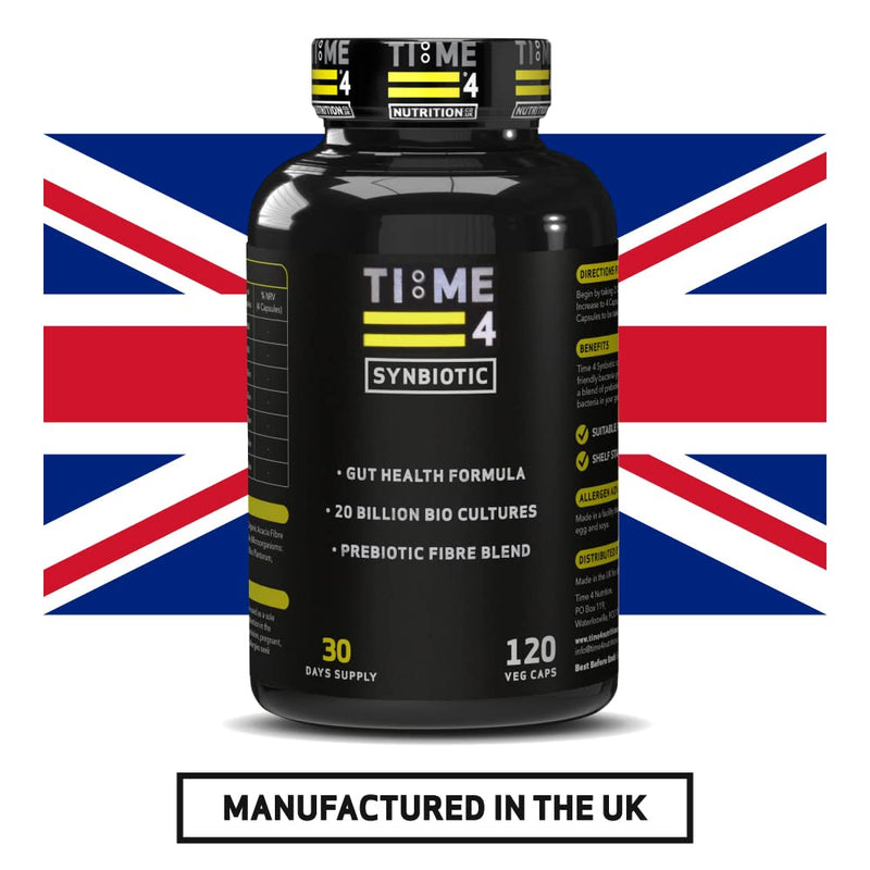 Time 4 Synbiotic – Advanced Vegan Friendly Prebiotics & Probiotic Supplement, Prebiotic Fibre Blend, Friendly Bacteria, 20 Billion CFU, Lactobacillus, Gut Health Supplements 120 Capsules 30 Day Supply