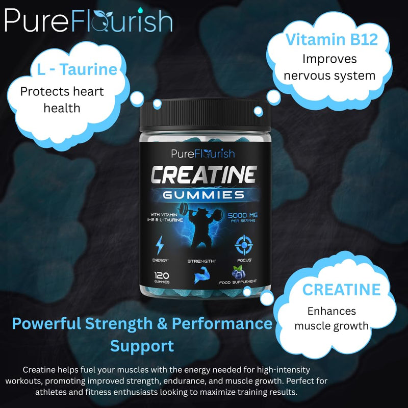 Creatine Gummies 5000mg Creatine monohydrate with 1000mg L-Taurine & 200mcg Vitamin B12 per Serving. (1 Month Supply). Vegan, Sugar-Free Gym Support for Performance & Muscle Power. Blueberry 1 count (Pack of 120)