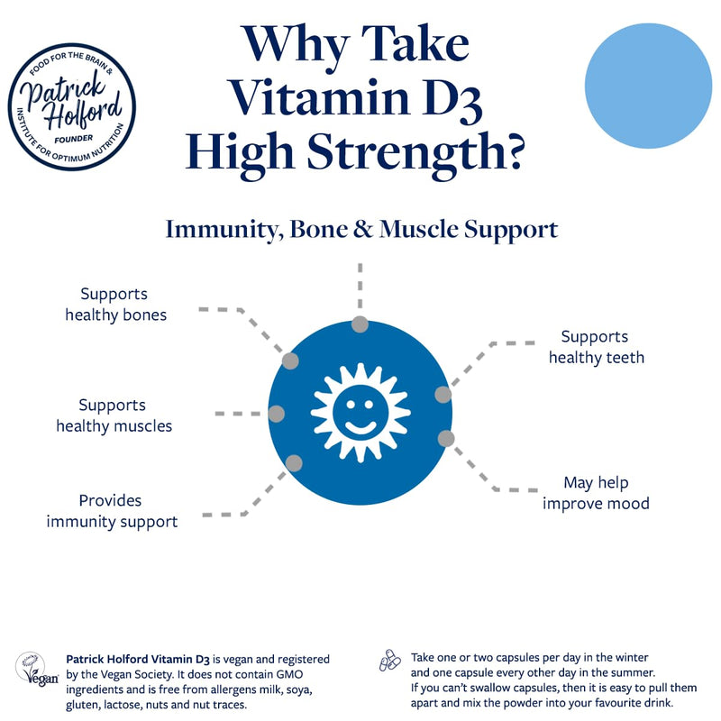 PATRICK HOLFORD Vitamin D High Strength/Vitamin D Supplement/for Immunity, Bone & Muscle Support / 1 Nutrient / 3000iu / D3 / Shiitake Mushroom Base/Naturally Sourced / 60 Capsules/Vegan /