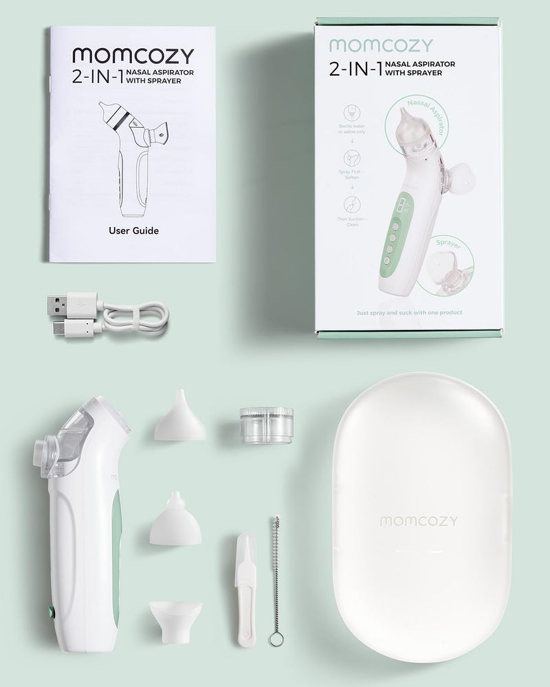 [Australia] - Momcozy BreezyClear‚Ñ¢ 2-in-1 Electric Nasal Aspirator for Baby with Spray, 65kPa Hospital-Grade Suction, 4 Adjustable Levels, Quiet & Portable Nose Cleaner with Soothing Light & Music 