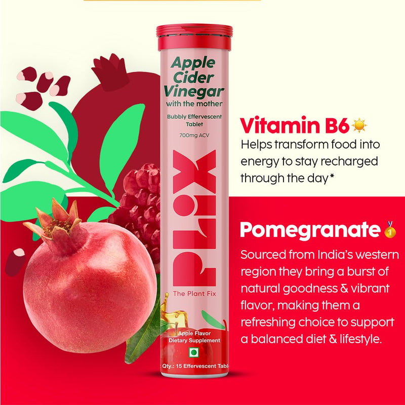 PLIX - THE PLANT FIX Apple Cider Vinegar 15 Effervescent Tablet, ACV with Mother for Weight Loss and Easy Digestion, Vitamin B6 & B12, Pack of 4 (Apple), 100% Vegan, Easy to Carry & Consume 60 Tablets (Pack of 4)