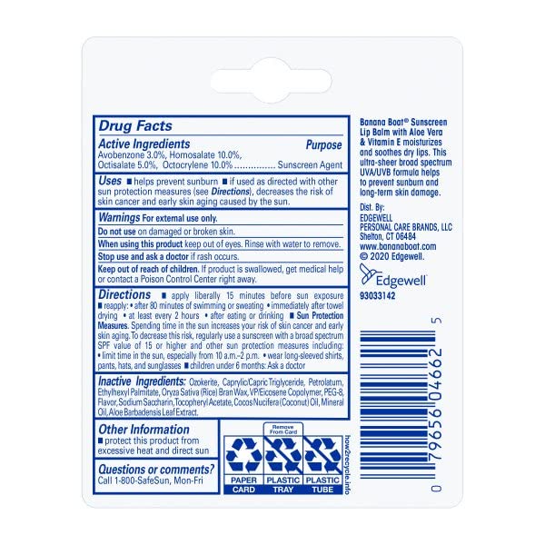 Banana Boat Aloe Vera with Vitamin E Sunscreen Lip Balm, SPF 45, 0.15 Ounces each (Value Pack of 3)