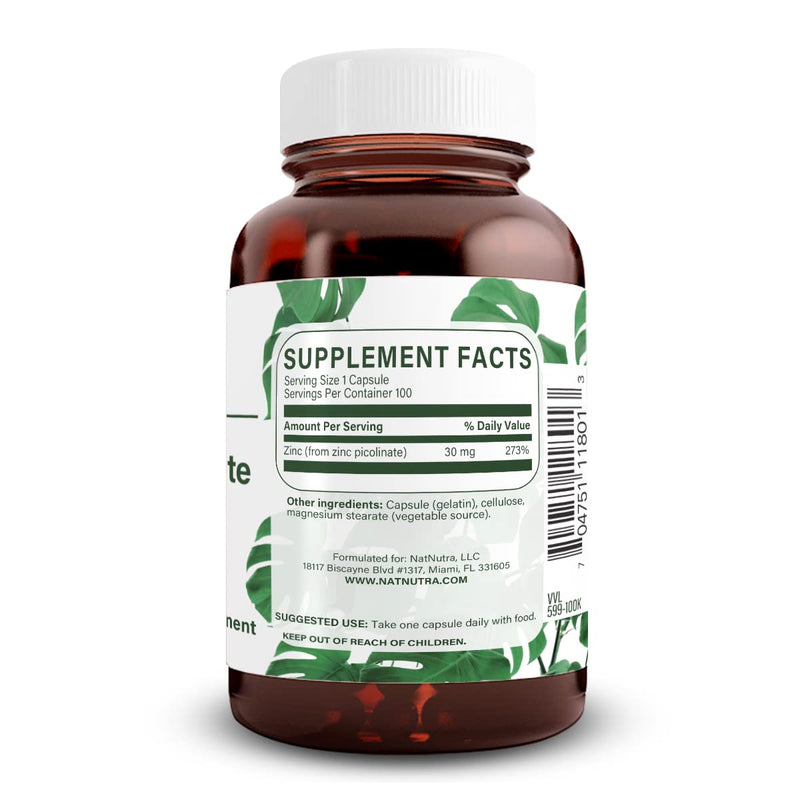 Natural Nutra Zinc Picolinate 30 mg, Double Strength, Raw and Pure, Highly Bioavailable Supplement for Growth and Immune Support, Helps Promote Skin Health, Helps Support Metabolic System 100 Capsules 100 Count (Pack of 1)