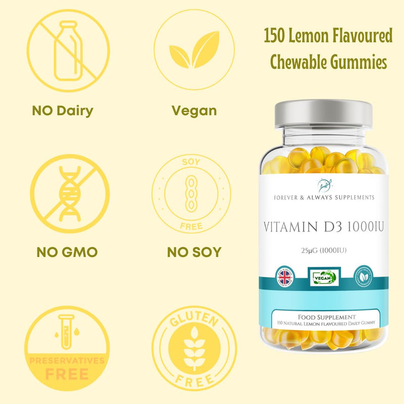 Vitamin D3 1000iu / 25μg - 12+ Years 150 x High Strength Lemon Flavour Gummies - 5 Months Supply - Vitamin D Supplement Teeth, Bone, Muscles & Immune System Support