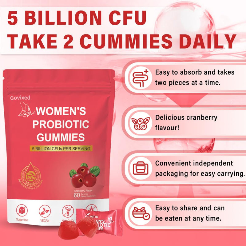 Women's Probiotic Gummies, Premium Feminine PH Balance Gummy, 5 Billion CFUs, Cranberry Flavour, Sugar-Free, Vegan, 60 Count