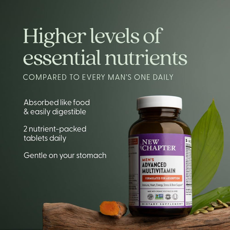 New Chapter Men's Advanced Multivitamin Formula, 120 Count | Fermented Essential Nutrients with Selenium and B Vitamins for Stress, Brain, Immune, Heart, and Cellular Energy Support 120 Count (Pack of 1)