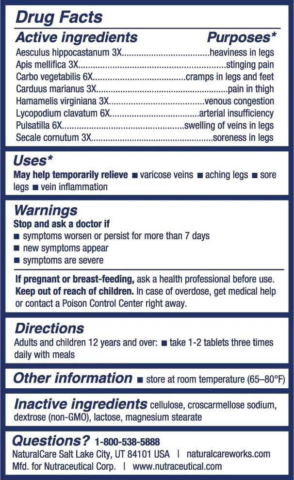 NaturalCare Vein-Gard, Homeopathic Tablets for Varicose Veins, Aching Legs, Sore Legs, 60 Count