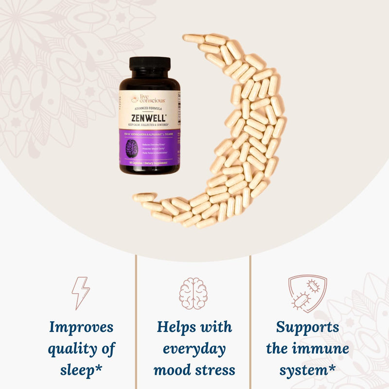 [Australia] - Live Conscious KSM-66 Ashwagandha Supplement w/L Theanine & AlphaWave - ZenWell Everyday Stress Relief, Mood Support, Cognitive, Brain Health - Ashwagandha for Men & Women - 60 Capsules 60 Count (Pack of 1) 