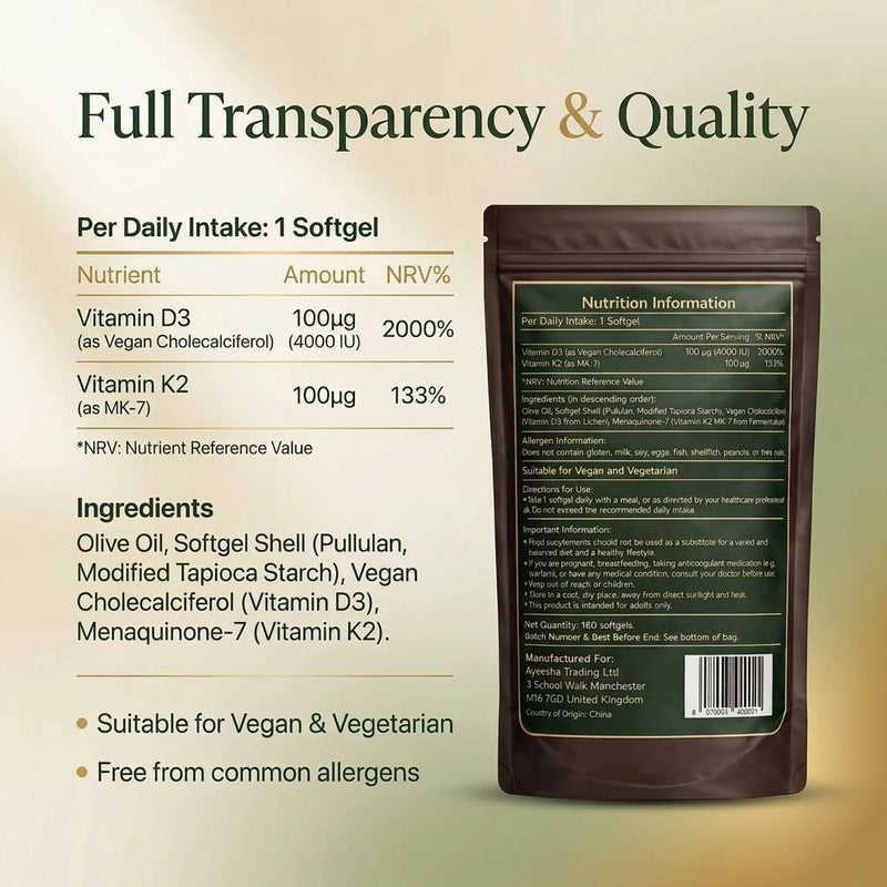 Vegan Vitamin D3 K2 Softgels 4000IU, 6 Months Supply, Olive Oil Based Lichen Sourced D3 and K2 Vitamin Complex, High Strength Vitamin D with K2, D3 Vitamin Supplements, 180 Count - Max Thrives