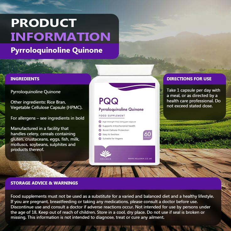 PQQ Supplement 20mg | Pure Pyrroloquinoline Quinone - High Strength | 60 Vegan PQQ Capsules | Energy, Brain, Cell Health, Mitochondria & Anti-Ageing Support | 2-Month Supply Made in the UK by Hellenia
