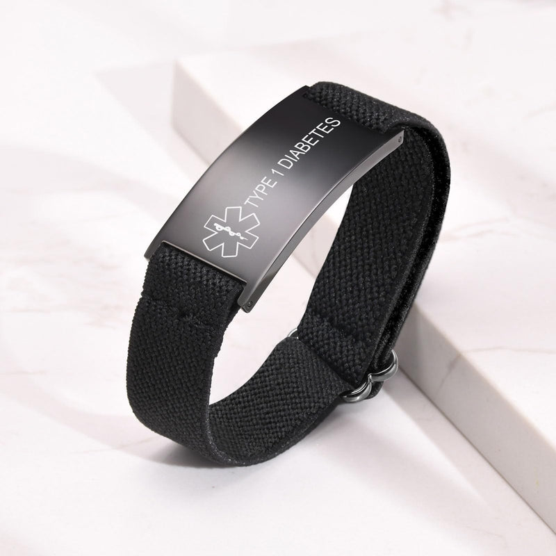 [Australia] - Personalized Medical Alert Bracelet for Men - Customized Elastic Strap Stainless Steel ID Bracelets Engraved Medic Info, Emergency Awareness Medic ID Bracelet for Autism Allergy Diabetic Epilepsy TYPE 1 DIABETES-black 