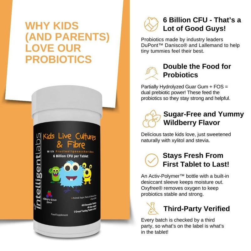 Intelligent Labs 6 Billion CFU Kids/Children's Live Cultures and Fiber with PHGG & FOS, Once-Daily Chewable, Great Taste, 10x Effectiveness, 60-Day Supply, Third-Party Verified