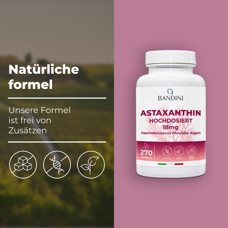 [Australia] - Bandini® Pure Astaxanthin 18 mg per capsule, 270 capsules (9 month supply), Algae Haematococcus Pluvialis - Natural Astaxanthin, free from magnesium stearate, GMO free 