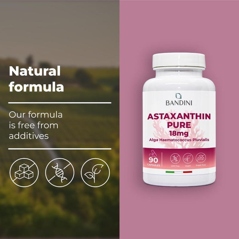 Bandini® Pure Astaxanthin 18 mg per capsule | 90 capsules - 3 months' supply | Powerful natural antioxidant from Haematococcus Pluvialis algae - Natural Astaxanthine, Magnesium stearate-free, GMO-free