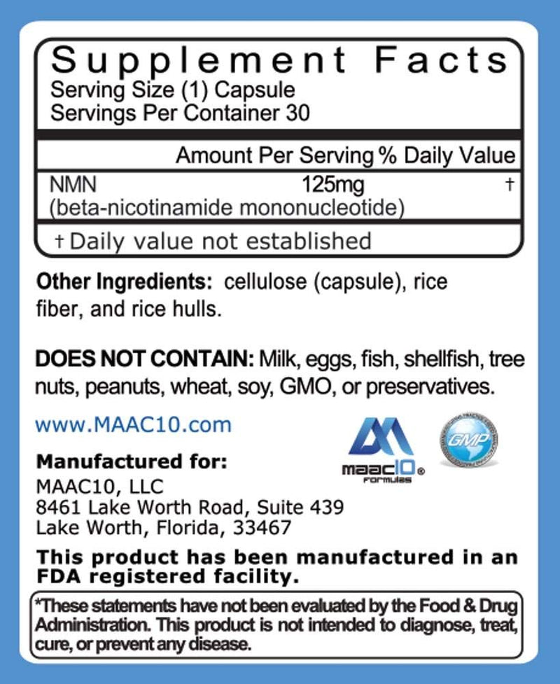 MAAC10 NMN 125mg 99% Pure Pharmaceutical Grade Supplement, 30 Capsules | Real Nicotinamide Mononucleotide for Healthy Aging, The Most Powerful NAD+ Precursor More Stable Than Riboside 1 Pack (125)