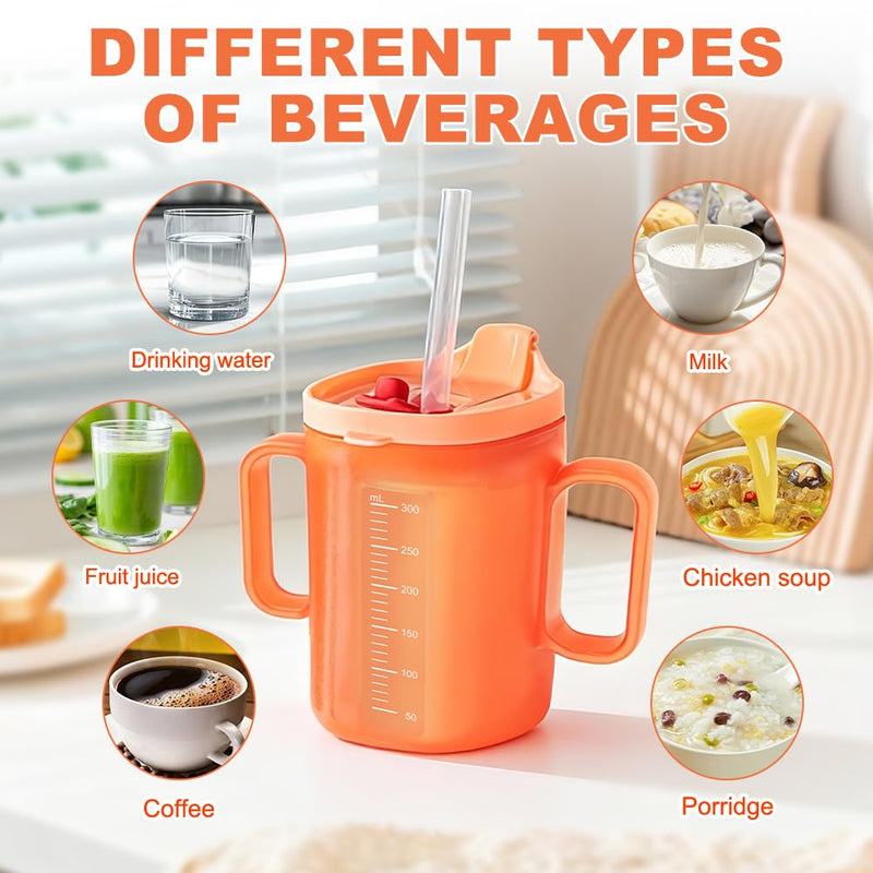 2 Pcs Elderly Spill Proof Cups, 300ml Sippy Cup for Adults, Beakers for Elderly with 2 Handles, Adult Feeding Cup Drinking Cup with Lid and Straw, Adult Sippy Cups for The Elderly Non Spill Orange