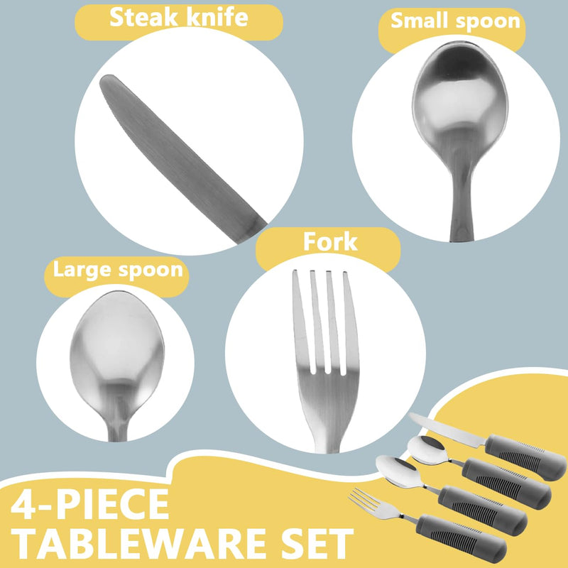 Easy Grip Cutlery Set of 4 Disability Aids, Extra Wide Handles Arthritis Aids with Knife Fork Spoon, Confortable Grips Dining Aid for Elderly Parkinson Disabled People Grey