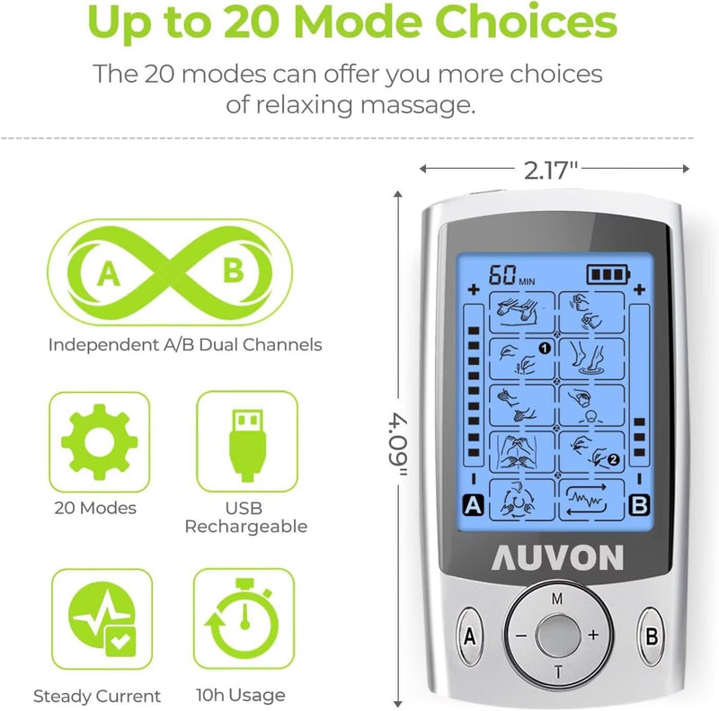AUVON Dual Channel TENS Unit Muscle Stimulator Machine with 20 Modes, 2" and 2"x4" TENS Unit Electrode Pads A Silver