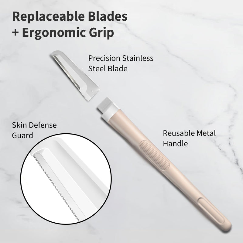 Dermaplane Razor for Women Face, Precision Face Razors for Women, Dermaplaning Tool, Gentle Exfoliation, Perfectly Shape Brows, Reusable Metal Handle with 8 Microblades, Beige Beige with 8 Refills