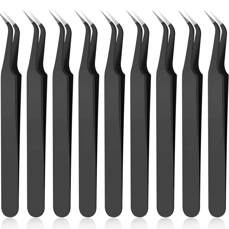 Honoson 9 Pieces Curved Pointed Craft Tweezers Stainless Steel Precision Tweezer with Protective Cover for Rhinestones Dried Flowers Craft Stickers Eyelash Extension Jewelry Making(Black) Black