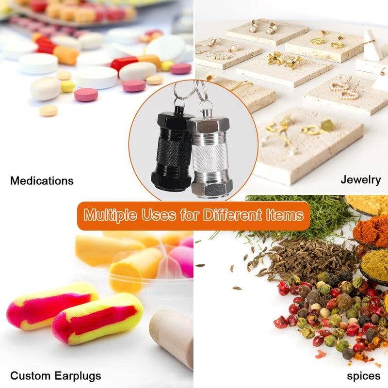 Shintop 2PCS High Capacity Aluminum Container Keychain Waterproof Pill Container | Waterproof Design, Hangs from a Keyring, Stores Pills and Vitamins for Travel and Daily Carry Black and White