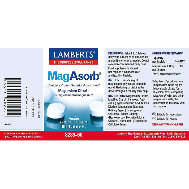 Lamberts MagAsorb Magnesium – High Absorption Citrate Form – Supports Muscles, Energy & Nervous System – 60 Vegan Tablets