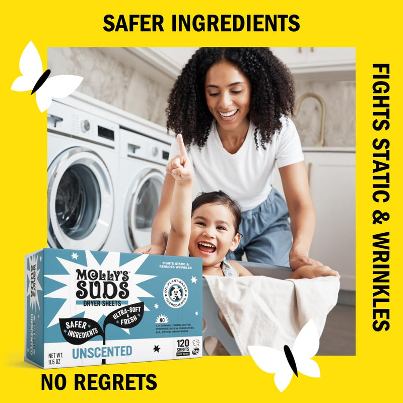 [Australia] - Molly's Suds Fabric Softener Dryer Sheets for Sensitive Skin | Plant-Based Static Reducer, Plastic-Free Packaging | Unscented (120 Sheets) 