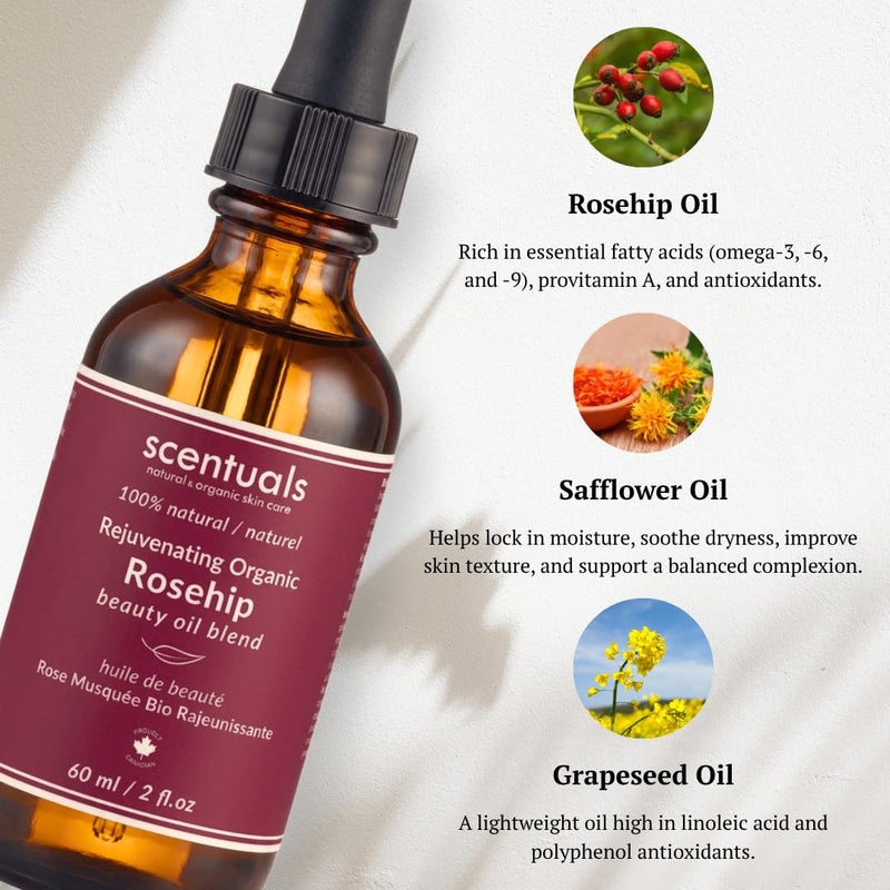 Rosehip Facial Oil Blend, Face Moisturizer with Pure Rosehip, Grapeseed Oil, Apricot Oil, Safflower Oil, Vitamin E for Deep Hydration, Protection and Versatile Anti Aging Skincare, 2 fl.oz | 60 ml